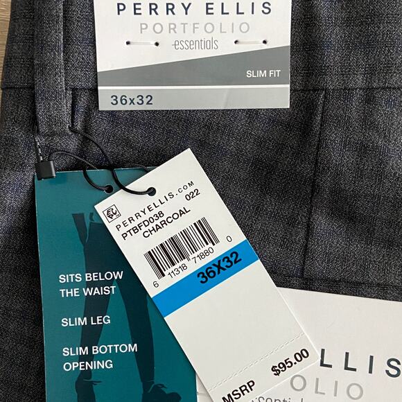 Perry Ellis Men's 36x32 Dress Pant Slim Fit Flat Front Stretch Charcoal NEW - Picture 9 of 10